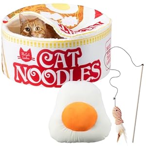Cat Ladies Ramen Cat Bed – Cozy 5-Piece Soft Nest Set with Blanket Pillows and Teaser Toy – Compact Noodle Bowl-Themed Pet Beds & Furniture – Small Warm Indoor Cushion for Cats