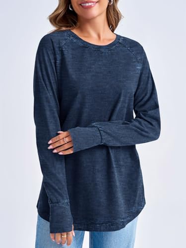 Tankaneo Womens Oversized Long Sleeve Shirts Vintage Washed Casual Loose Fit Tunic Tops with Thumb Holes2