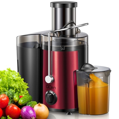 Image of QCen Juicer Machine, 500W Centrifugal Juicer Extractor with Wide Mouth 3” Feed Chute for Fruit Vegetable, Easy to Clean, Stainless Steel, BPA-free (Metallic Red)
