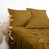 PANDATEX Mustard Yellow Linen-Textured Viscose from Bamboo Cotton Blend Sheets Set Queen Size, Soft Cool & Breathable Sheets for Hot Sleepers, Natural Organic Bed Sheets 15' Deep Pocket - 4 Piece