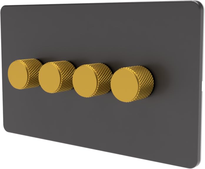 LED Dimmer Switch [Metal Knob/Plastic faceplate] 2-way Rotary Push On/Off for Dimmable LED and Halogen Lights, minimum brightness adjustable - Grey/Gold 4-Gang — image 1