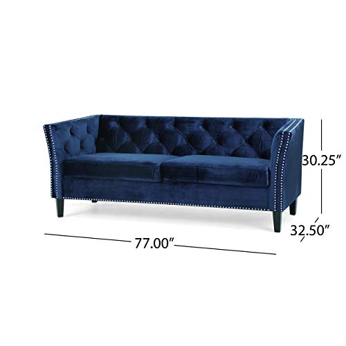 Christopher Knight Home Sunny Velvet 3 Seater Sofa, Midnight Blue, Dark Brown #TOP2