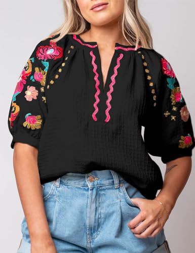 Ecosunny Women's Casual V Neck Puff Short Sleeve Shirts Floral Embroidered Ricrac Textured Loose Tunic Blouses Tops2