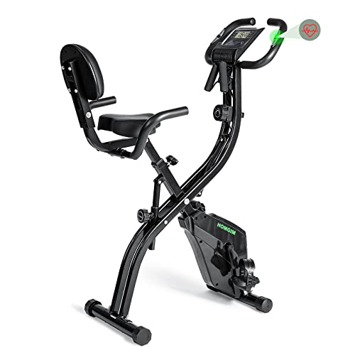 Folding Exercise Bike, HOMGIM Stationary Bike Foldable with Magnetic Resistance, Pulse Monitor and Comfortable Seat with Arm Resistance Bands, Ideal Home Office Cardio Workout Christmas Gifts For Men Women