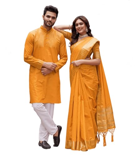 ARCHITTAM Couple Dress Set Assam Silk Saree & Kurta Pajama (XL, Haldi Yellow)