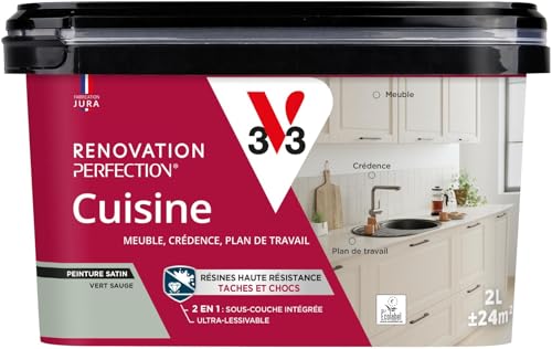 V33 Peinture Cuisine - Rénovation Perfection® - Haute Résistance taches et Chocs - Ultra-Lessivable - Meuble - Crédence - Plan de travail - Vert Sauge...
