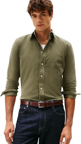 Tommy Hilfiger Chemise Homme Solid Corduroy Regular Fit, Vert (Battle Green), M