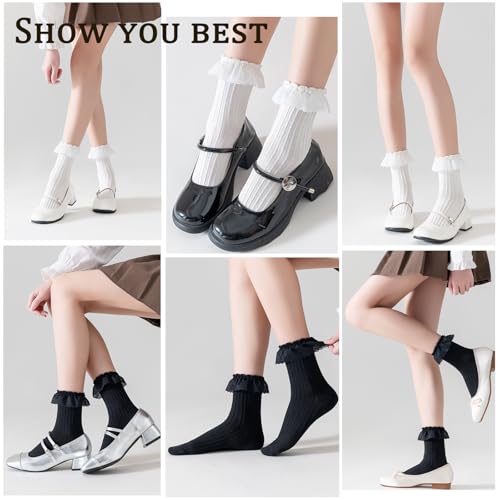 VIBCICY Ruffle Lace Crew Socks, Casual Soft Comfortable Frilly Socks, Lolita Princess Accessory Ankle Socks for Women 2 Packs (Black + White)4