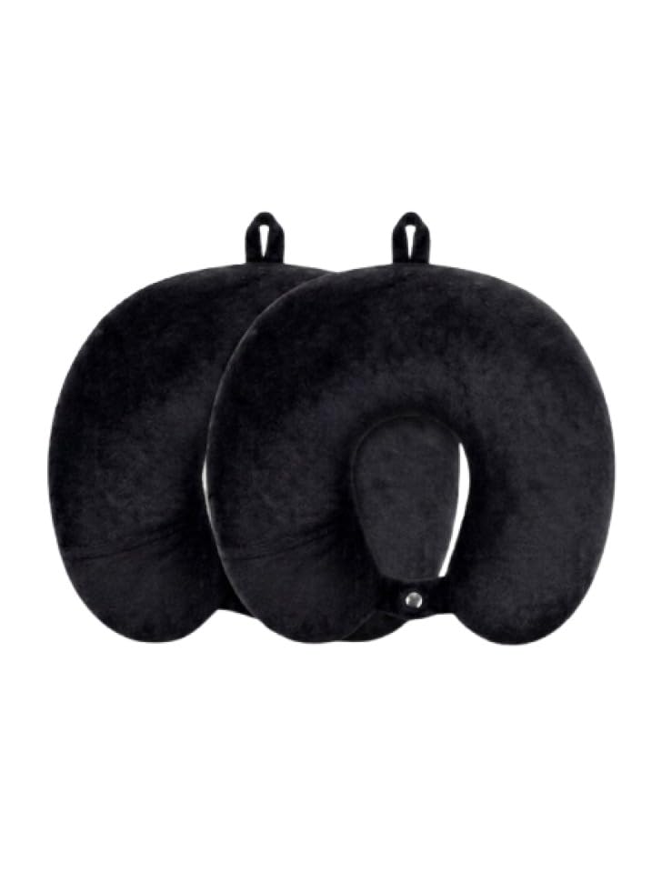 Image of Ultra Soft Travel Neck Pillow with Hanging Loop Snap Button Closure for Home Office and Airplane Flight, Bus, Car, Train Travelling Use [Black] (Pack of 2)