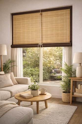 Image of Water Proof Bamboo Curtains for Balcony Roller Rollup Blinds, Bamboo Chick Curtain, for Rain, Sunlight, Dust & Cold Air Protection (Color-Brown,3ft x 8ft (W x H)
