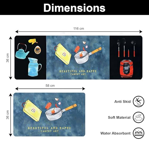 Image of Luxe Home Kitchen Mat Combo Beautiful and Happy Design Standing Desk Floor Mat Non Slip Kitchen Rugs, Comfort Runner Floor for Home Office, Sink & Laundry - Blue (116x36 & 58x36 cm PC-2)