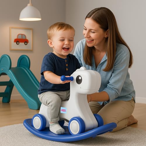 Image of Amazon Brand - Jam & Honey 3-in-1 Baby Push On Ride On Rocker for Kids | Balancing Board | Backrest | Easy Grip | Four Wheel | Durable and Safe | Lightweight | Animal Theme | 12 Months+ | Blue & Grey