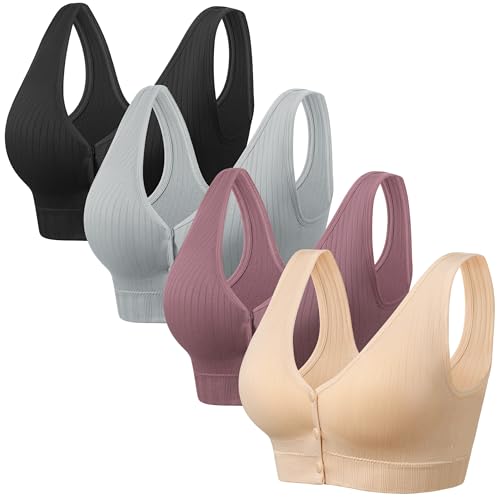 Angelhood Front Close Wireless Bras for Women, Smoothing Padded Bralette, Comfortable Snap Closing Bras, 4 Pack