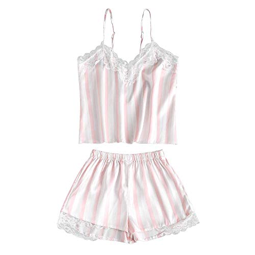 ZAFUL Women s Pajama Set Lace Trim Spaghetti Strap Satin Cami and Shorts Sleepwear Sexy Lingerie Nightwear (L, Pig Pink-Insert Striped)