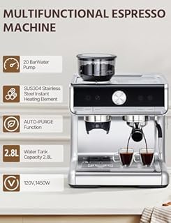 Aptliton Espresso Coffee Machine with Grinder & Milk Frother – 20 Bar Pump, 30 Grind Settings, 2.8L Water Tank, PID Temperature Control, Cappuccino & Latte Maker for Home