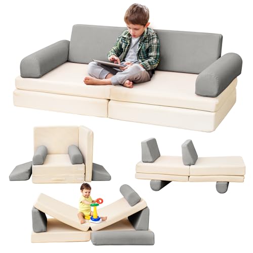 Lamerge Modular Kids Couch, Sectional Toddler Play Sofa for Playroom, Convertible Foam Sofa, Multi-Combination Playing Couch for Developing Imagination (Grey+Beige)