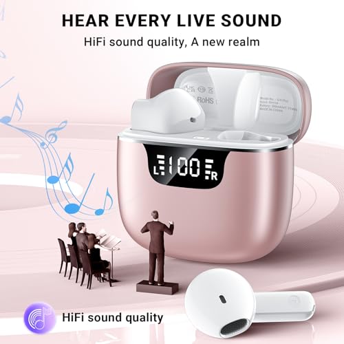 Image of Wireless Earbuds, Bluetooth 5.4 Headphones with 42H Ultralight Ear Buds,Bluetooth Earbuds with 4 ENC Noise Cancelling Mics, HiFi Deep Bass Dual LED Display USB-C, Waterproof Earphones for Android iOS