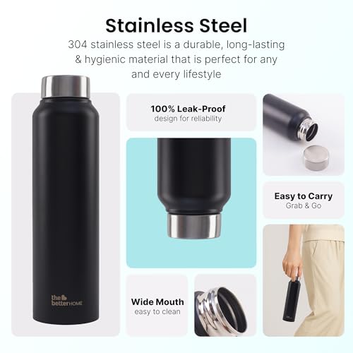 Image of The Better Home 1000 Stainless Steel Water Bottle 1 Litre | Rust-Proof, Lightweight, Leak-Proof & Durable | Eco-Friendly, Non-Toxic & BPA Free Water Bottles 1+ Litre | Black (Pack of 1)