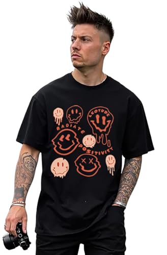 Image of LEOTUDE Men Half Sleeve Round Neck Graphic Printed Cottonblend Oversized Tshirts (Colour: 1Black)
