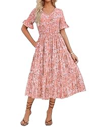 【Features】: This summer dress for women features a ruffle short sleeve, v neck, floral printed, flattering elastic empire waist, 2 side pockets, midi length and the tiered hemline make it look more pretty and cute. Loose fit dress, if you prefer a fi...
