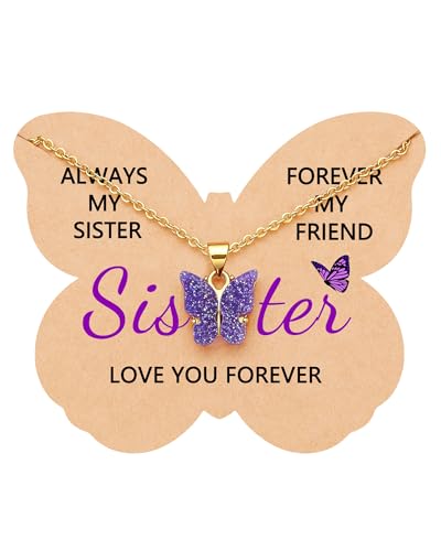 UNGENT THEM Always My Sister Forever My Friend Purple Butterfly Necklace for Sister Birthday Christmas Valentines Mothers Day Gifts
