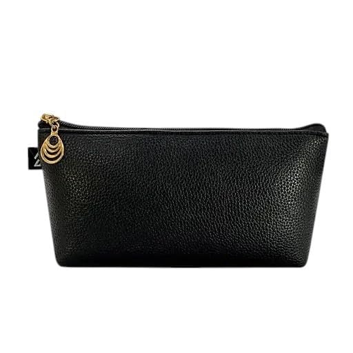 Karni Cosmos Faux Leather Pencil Case, Black Slim Zipper Pouch with Gold Hardware, Cosmetic Storage Bag-image-8