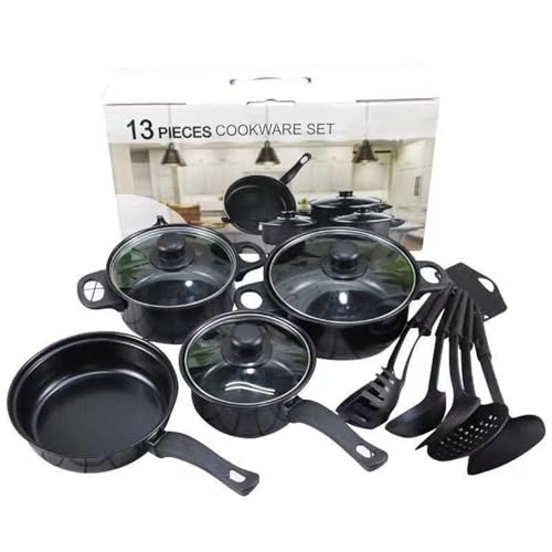 Hengqiyuan Batería Inducción 13 Piezas Antiadherente Olla Sopera Olla Lechera Sartén 6 Espátulas Surtidas Humo Claro En Caja Color para Todas Cocinas Hierro Fundido (13 Pieces)