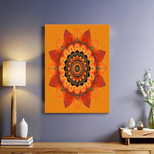 Color Naranja Cuadro en lienzo Patrón de mandala geométrico 30x20 cm moderno impresión en lienzo con marco decoración pared salón dormitorio cocina oficina arte mural listo para colgar