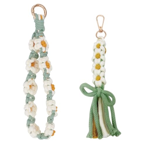 GORGECRAFT Macrame Wristlet Keychain Bulk White Daisy Cord Knotting Kit Boho Mini Tassel Key Chain Weave Exquisite Keyring Holder Bracelet Handmade Wrist Lanyard with 1Pc Mobile Straps for Women