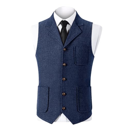 Men's Suit Vests Vintage Herringbone Retro Business Casual Dress Vest Button Down Tweed Tuxedo Vests With Pockets