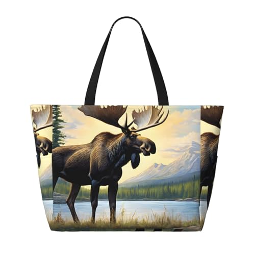 (Moose Cute Deer) Large Beach Tote Bag For Women With Zipper Foldable Lightweight Travel Pool Bag For Vacation Shopping2