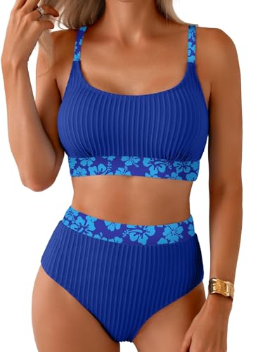 Image of Herseas Women's Textured Bikini Sets Floral Print Trim Scoop Neck Swimsuits High Waisted Bathing Suits