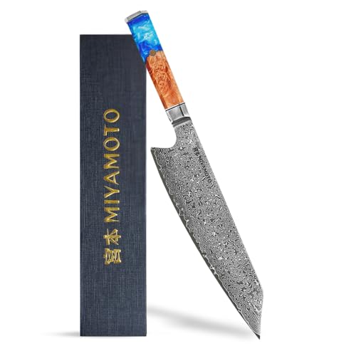 Miyamoto Japanese Chef Knife 8 Inch Steel 67 Layers Damascus Kitchen Knife, Ultra Sharp, Long Lasting Blade, High Carbon Super Steel, Carving Knife Blue Resin