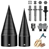 Afenau Bohrkegel Holzspalter, 42mm + 32mm Holzspalter Bohrer Set mit 5 Bohrgriffe und 1 Handschuhe, HOLZSPALTER Schraube Kegel, Brennholzspalter Bohrer für Bohrmaschinen und Akkuschrauber