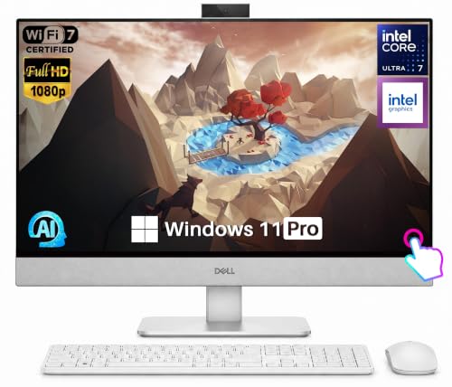 Image of Dell All-in-One 27 inch Desktop, Intel Core Ultra 7 355U, 64 GB DDR5 RAM, 4 TB SSD, 27 inch FHD IPS Touchscreen, Windows 11 Pro, Intel Graphics, Copilot+ AI Desktop Computer, Wireless Keyboard & Mouse, White
