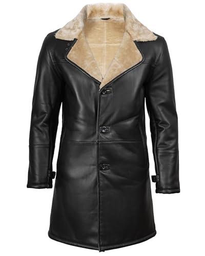 Image of fjackets Shearling Leather Coat Men - Real Lambskin Leather Jackets Mens Sherpa Lined Winter Casual Fur Coats Outerwear