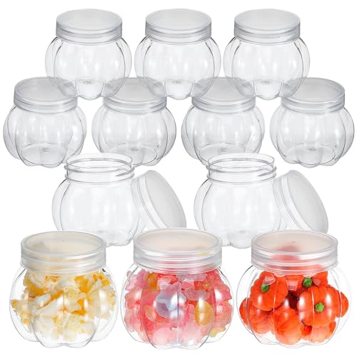Housoutil 12 Pièces Pot de Citrouille 150ml en Pet pour Bonbons, Mini Bocal Pratique et Facile à Nettoyer, Rangement Créatif pour Stockage de Friandises et...