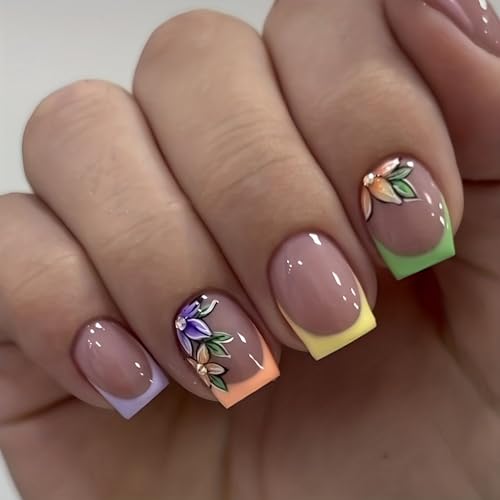 French Tip Press on Nails Short Square Fake Nails with Flower Des...