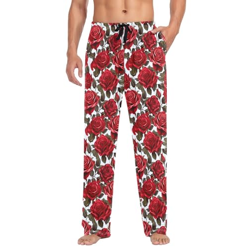 Men's Red Roses Pajama Pants with Pockets,Cotton Sleep Lounge Pant Men Pajama Bottoms S