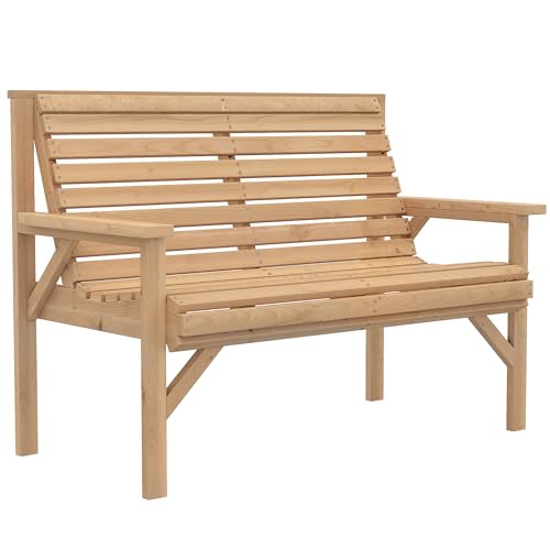 Outsunny 2-Sitzer Gartenbank aus Holz Lattenbank mit Arm- und Rückenlehne und Lamelldesign Balkonbank Parkbank für Garten Balkon Terrasse 121 x 65 x 90 cm Natur