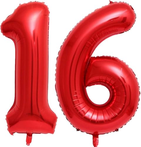 Image of Red 16 Number Balloons,40 Inch 16 Balloons Foil Mylar Helium Big Red 16 Balloon Number for Birthday Party Anniversary Decorations