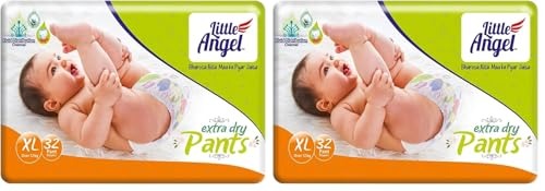 Image of Little Angel Extra Dry Baby Pants Diaper, Extra Large (XL) Size, 32 Count, Super Absorbent Core Up to 12 Hrs Protection & Wetness Indicator, Pack of 2, Over 12kg