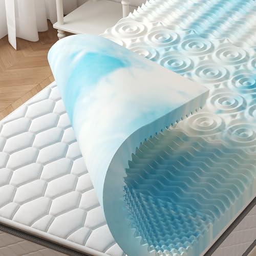 NEWBULIG Twin Size 2 Inch Memory Foam Mattress Topper 5-Zone Cooling Gel Infused Egg Crate Foam Pad Breathable Bed Topperfor Pressure Relief & Body Support CertiPUR-US Certified Blue