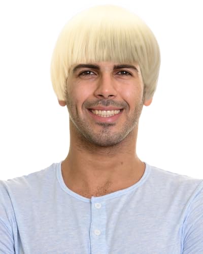 Short Mushroom Wig for Men-Synthetic 60s Bowl Cut Wigs for Anime Movie Music Costume Halloween Cosplay Party (Blonde)