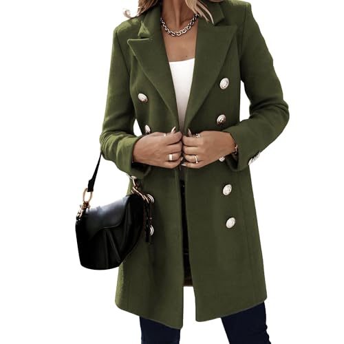 Image of Women’s Long Wool Trench Coat Classic Notched Lapel Double Breasted Pea Coat Warm Fall Winter Dress Coats Jacket Army Green-2 Small