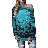 vinTIAN Sudadera de Halloween con hombros descubiertos para mujer, blusa de manga larga con estampado de murciélago oscuro, cuello barco, casual, túnica sin botones, promoción del Reino Unido,