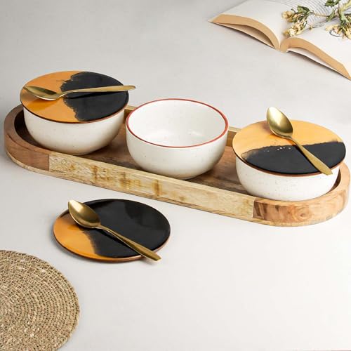 Image of The Earth Store White Marble Ceramic Bowl Serving Set - 3 Bowls (500ml Each) with Wooden Tray, 3 Spoons & 3 Multipurpose Lids /Coaster - for Snacks, Curries, Desserts & Fruits