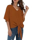 VIISHOW Womens Tie Front Loose Short Sleeve V Neck Floral Blouses Chiffon Tops Summer Shirts,Caramel,Large