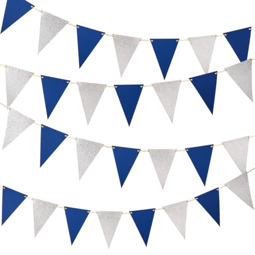 Image of MOWO Silver Blue Pennant Banner Paper Bunting, 30pc, 20 feet | Birthday Graduation Retirement New Year's Party, eid Hanging Decoration, Pack of 30 Counts Pennant, 20 feet