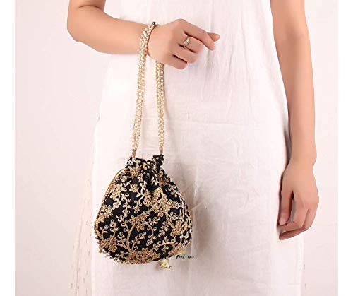 FeelOrna handicrafts and jewellery Potli | Wristlets Ethnic Potli For Women's | Designer Rajasthani Style Royal Clutch Silk Batwa Bag | Zari Work Potli | Bridal Potli | Potli Bags (Black) - Image 4